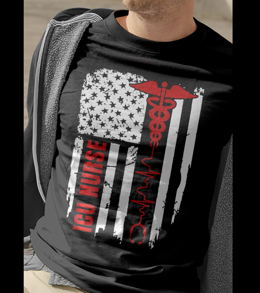 ICU Nurse American Flag Caduceus Heartbeat T-Shirt