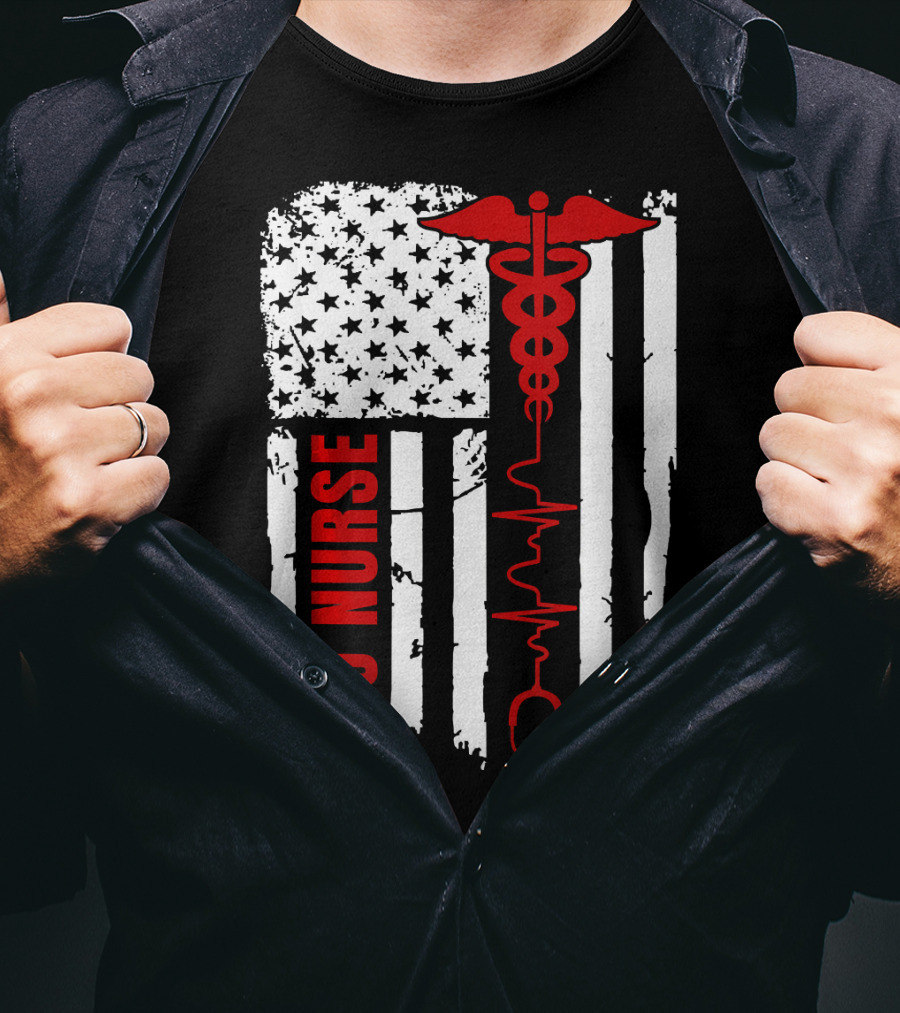 ICU Nurse American Flag Caduceus Heartbeat T-Shirt