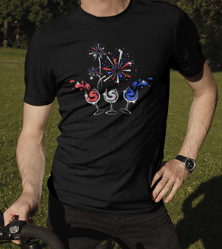 Red White And Blue Wine Glasses Fireworks T-Shirt