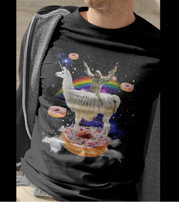 Space Adventure Sloth On Unicorn Llama With Floating Donuts And Rainbow T-Shirt