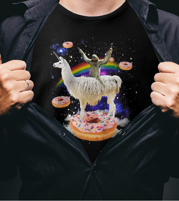 Space Adventure Sloth On Unicorn Llama With Floating Donuts And Rainbow T-Shirt