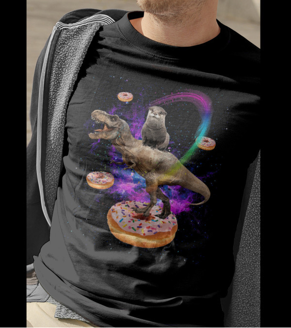 Space Otter On Dinosaur In Galaxy With Donuts T-Shirt