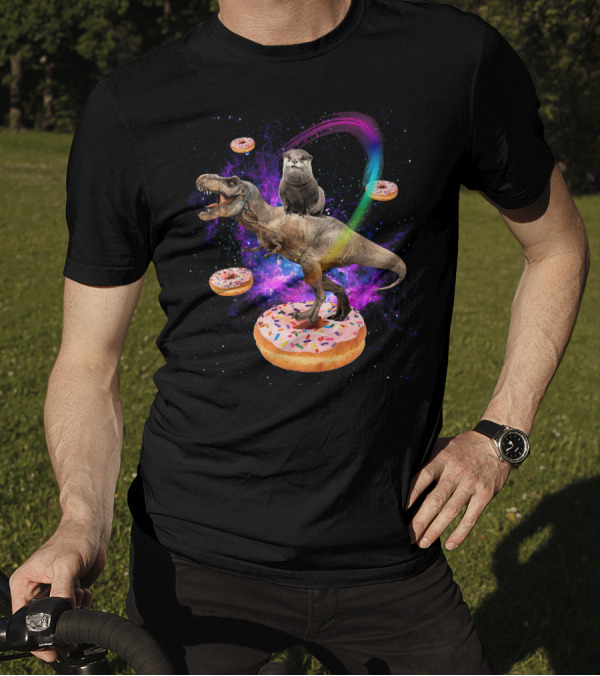 Space Otter On Dinosaur In Galaxy With Donuts T-Shirt