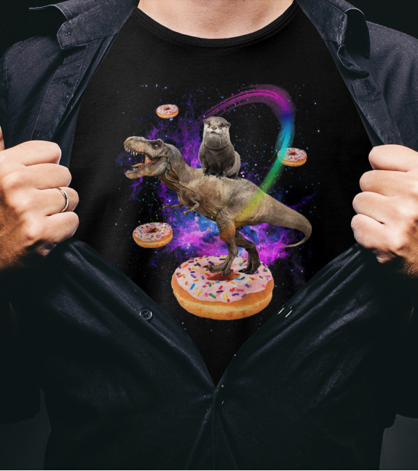 Space Otter On Dinosaur In Galaxy With Donuts T-Shirt