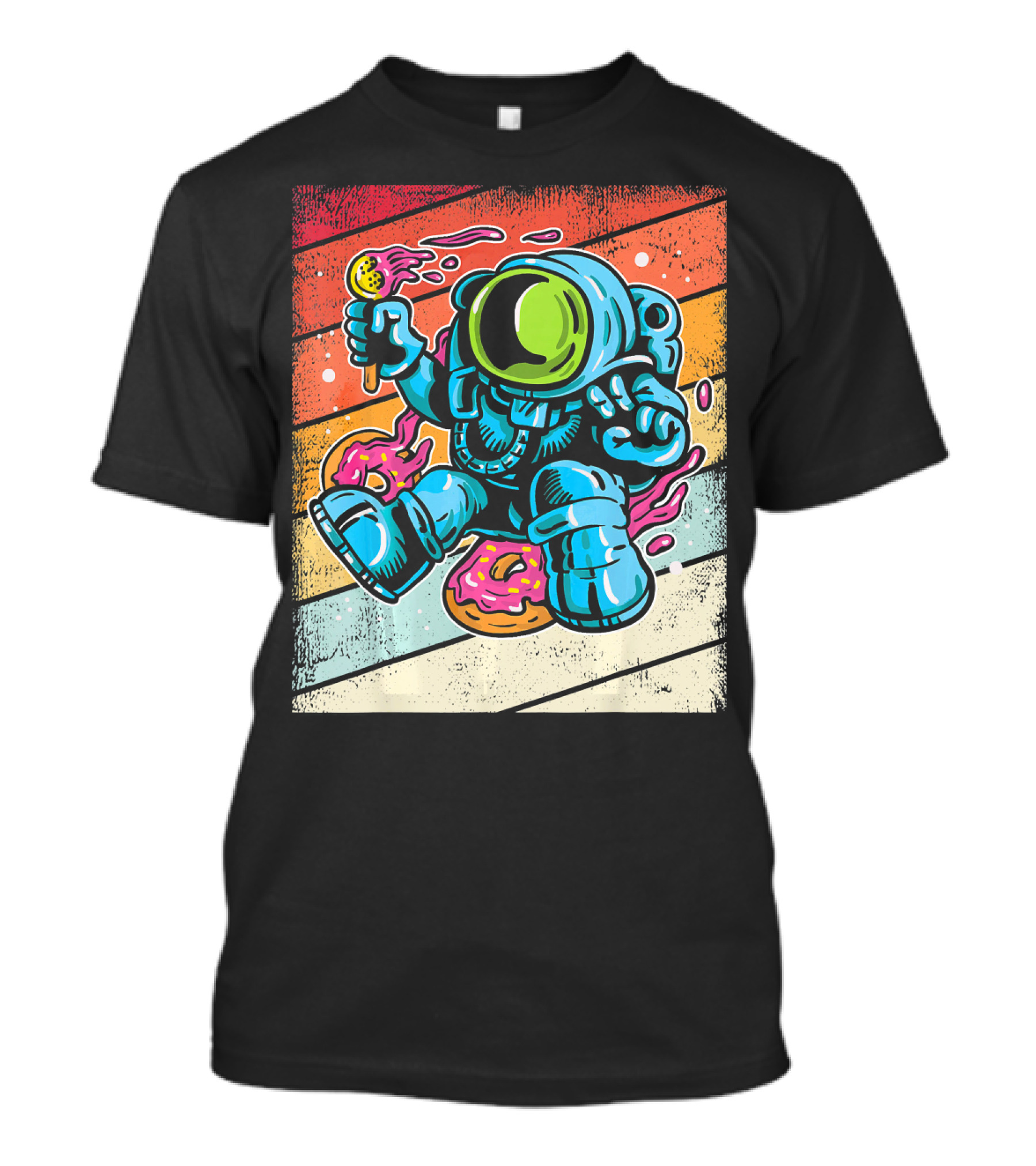 Astronaut Enjoying Ice Cream And Donuts In Retro Space Suit On Colorful T-Shirt