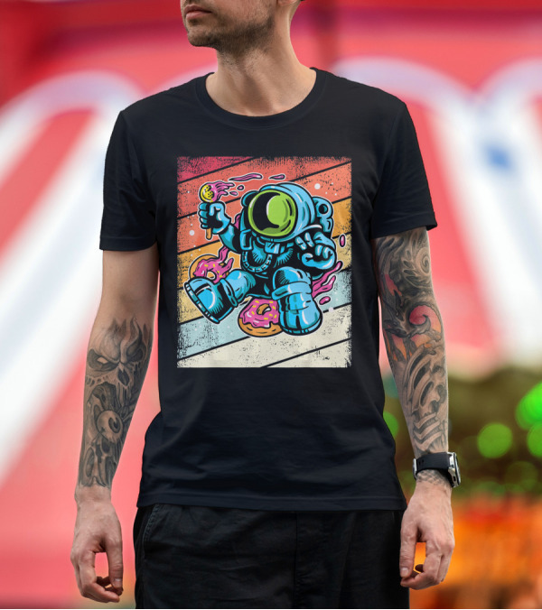 Premium T-Shirt: Astronaut Enjoying Ice Cream and Donuts in Retro Space Suit on Colorful T-Shirt Astronaut Enjoying Ice Cream and Donuts in Retro Space Suit on Colorful T-Shirt
