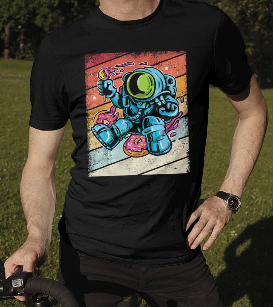 Astronaut Enjoying Ice Cream And Donuts In Retro Space Suit On Colorful T-Shirt