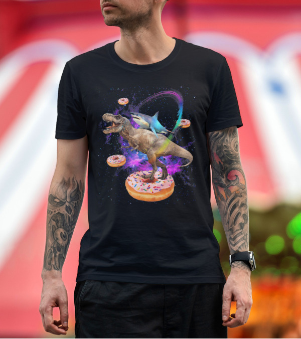 Premium T-Shirt: Space Shark and T-Rex Riding on Glazed Donut Galaxy T-Shirt Space Shark and T-Rex Riding on Glazed Donut Galaxy T-Shirt