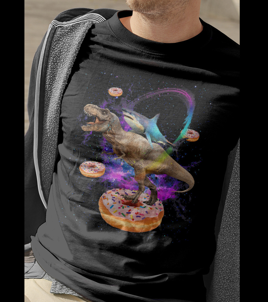 Space Shark And T-Rex Riding On Glazed Donut Galaxy T-Shirt