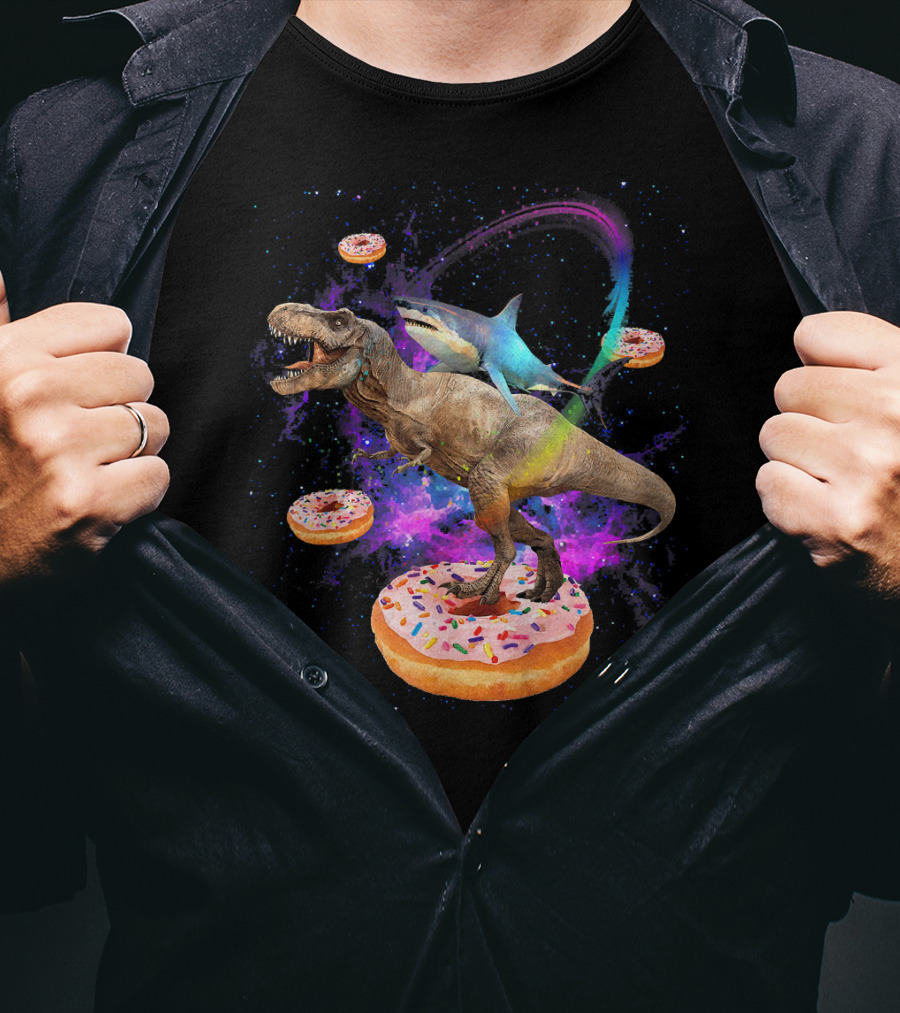 Space Shark And T-Rex Riding On Glazed Donut Galaxy T-Shirt