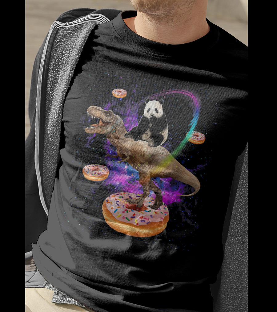Space Panda Riding T-Rex On Sprinkled Donuts In Galaxy T-Shirt