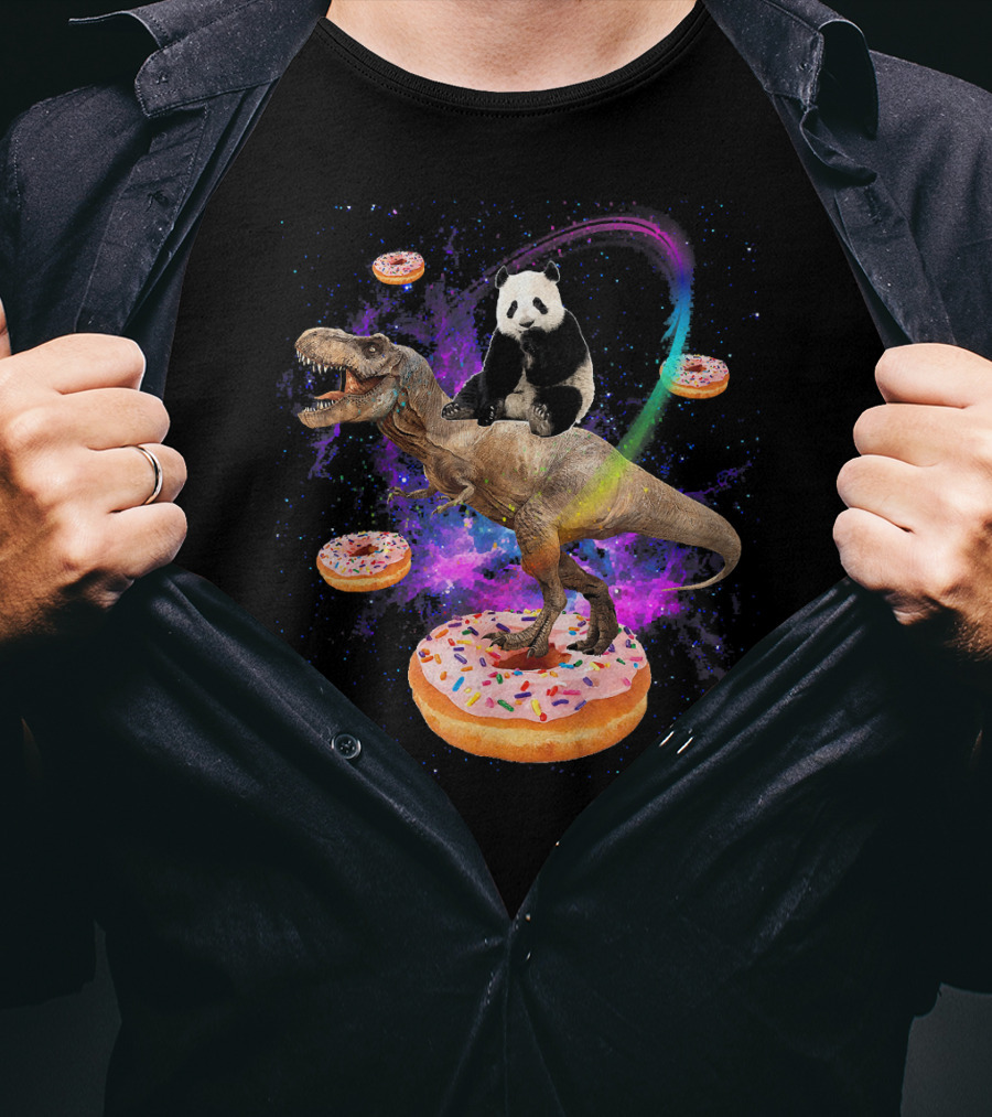 Space Panda Riding T-Rex On Sprinkled Donuts In Galaxy T-Shirt