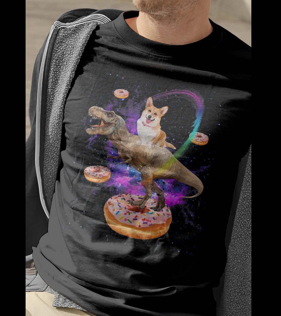 Space Corgi Riding Dinosaur Rex With Floating Donuts In Galaxy T-Shirt