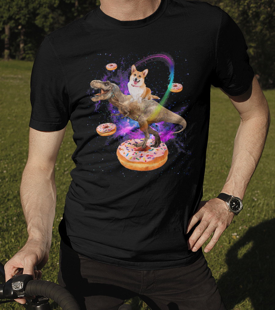 Space Corgi Riding Dinosaur Rex With Floating Donuts In Galaxy T-Shirt
