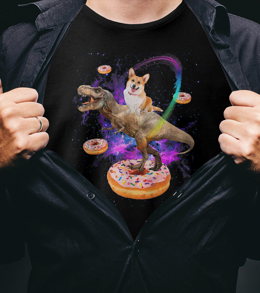 Space Corgi Riding Dinosaur Rex With Floating Donuts In Galaxy T-Shirt