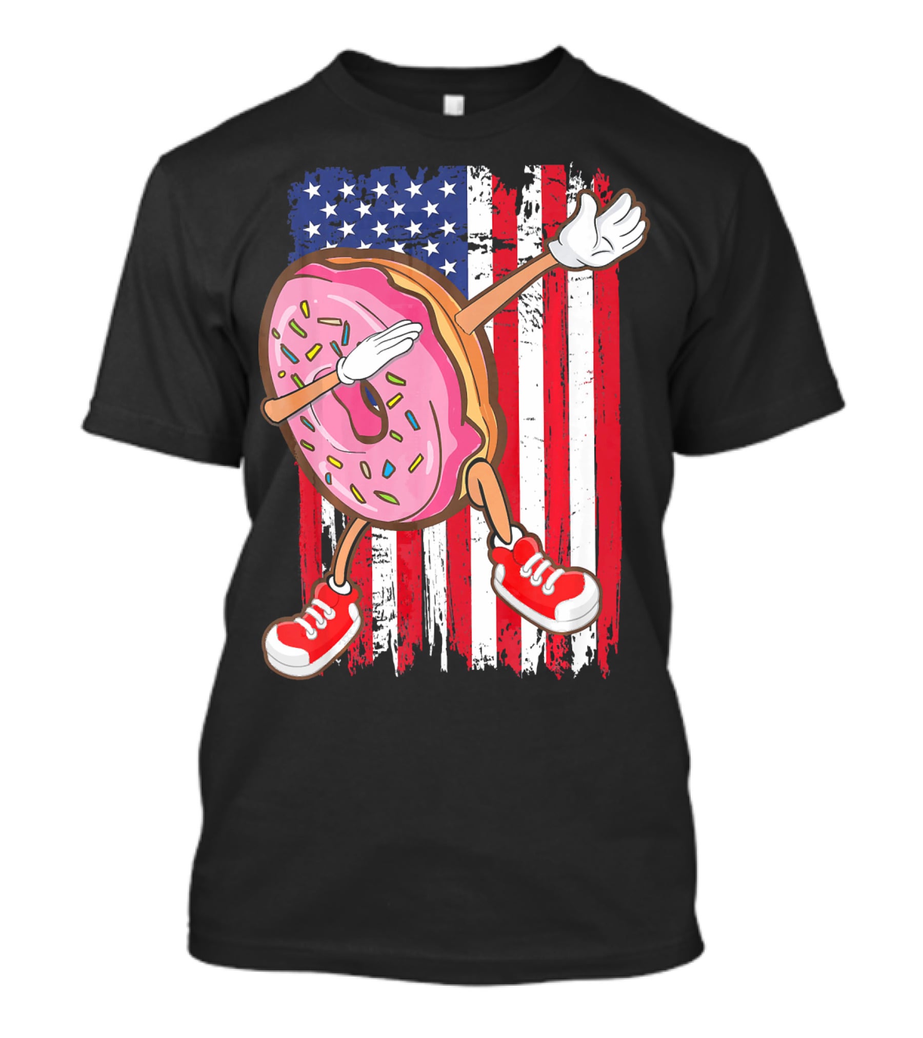 Dabbing American USA Strawberry Frosted Donut On Flag Background T-Shirt
