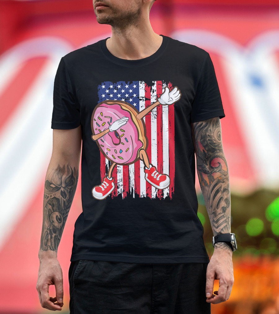 Dabbing American USA Strawberry Frosted Donut on Flag Background T-Shirt