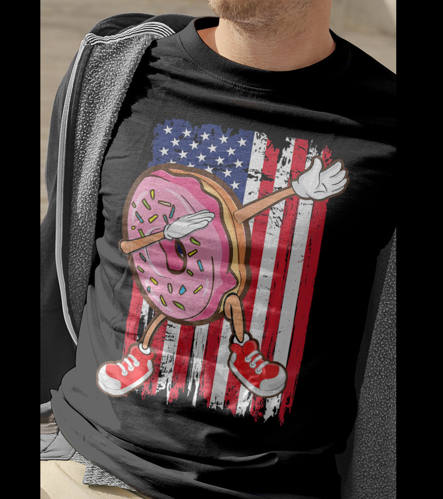 Dabbing American USA Strawberry Frosted Donut On Flag Background T-Shirt