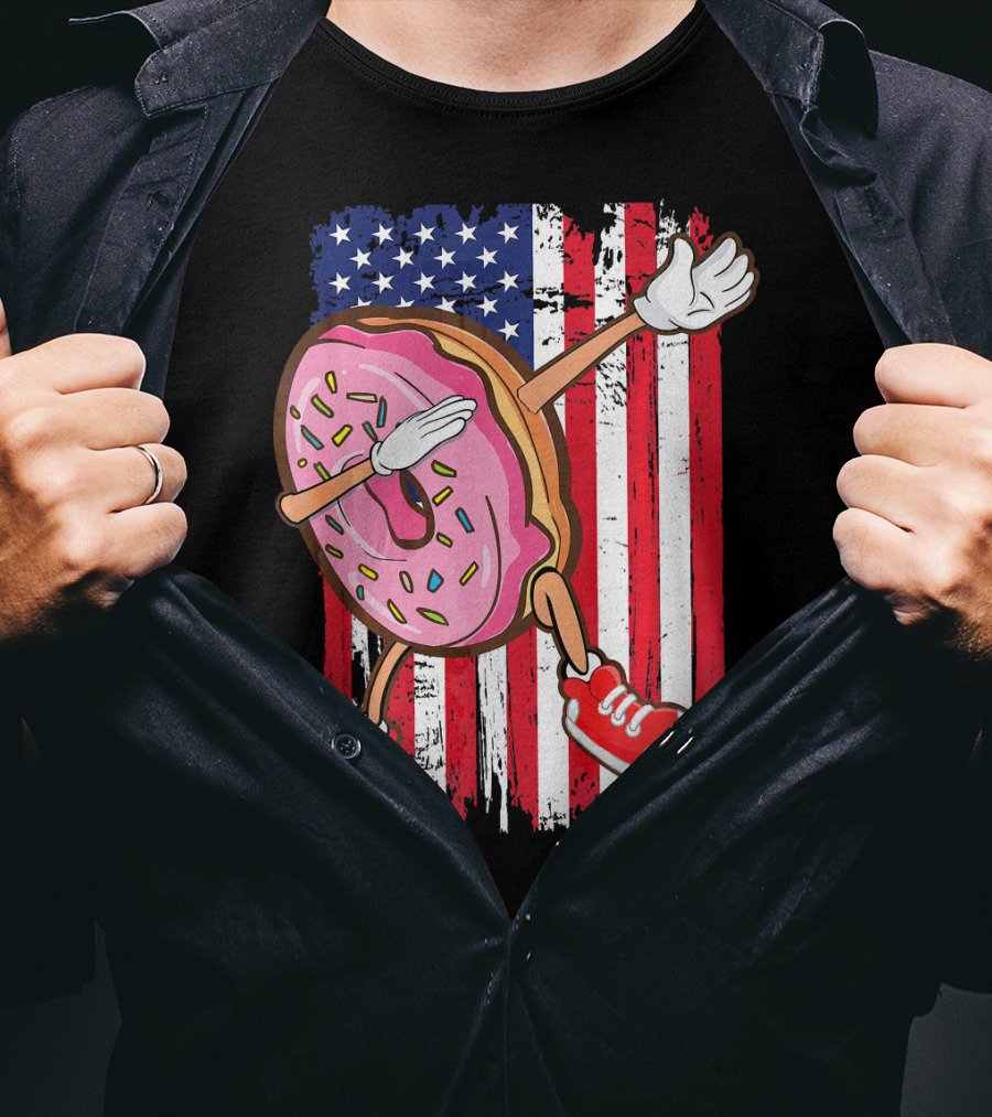 Dabbing American USA Strawberry Frosted Donut On Flag Background T-Shirt