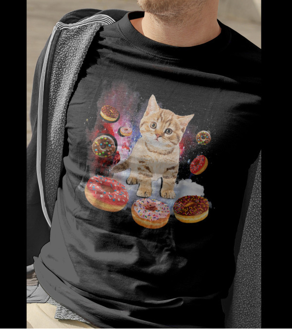 Cosmic Encounter With Cat Surrounded By Colorful Donuts In Space T-Shirt