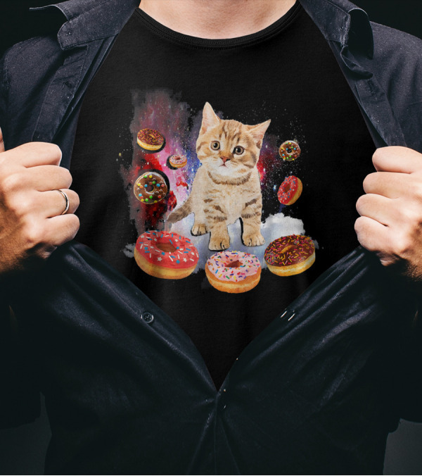 Cosmic Encounter With Cat Surrounded By Colorful Donuts In Space T-Shirt