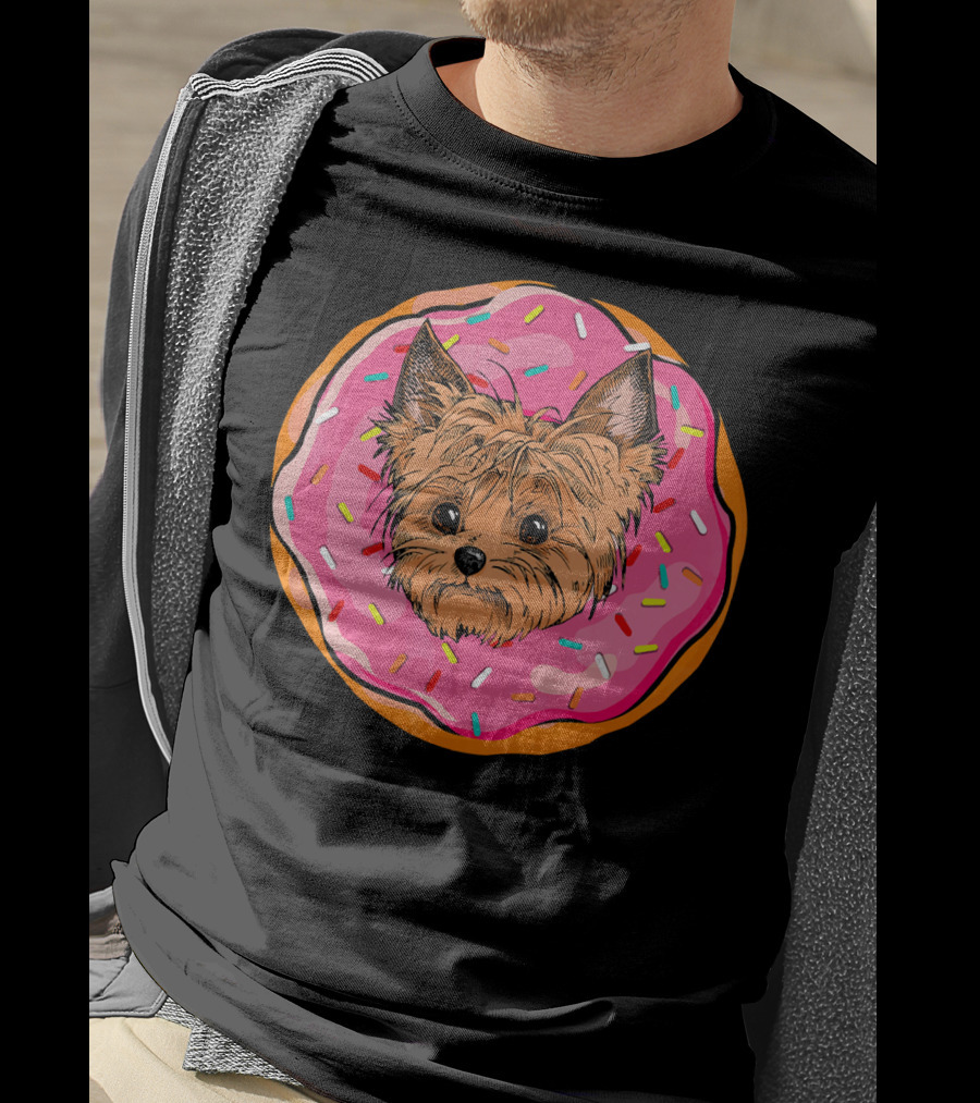 Funny Donut Dog Face Yorkie Yorkie Donut Sprinkles T-Shirt