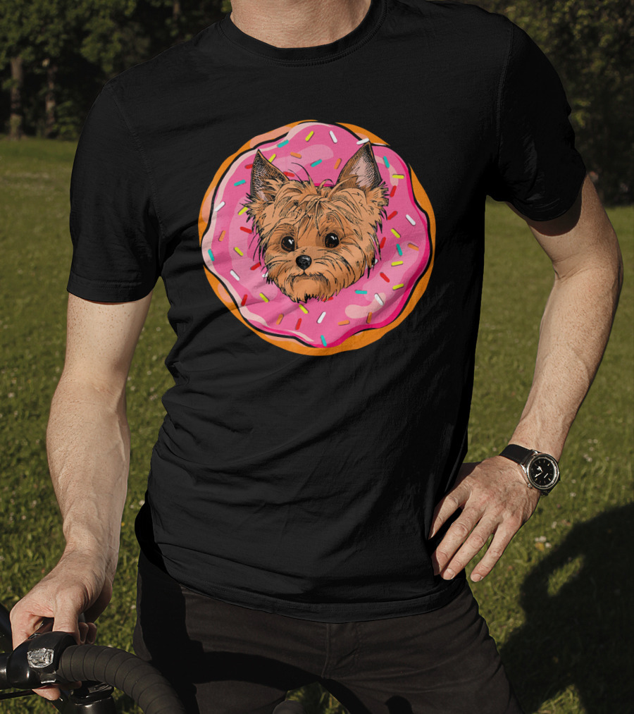 Funny Donut Dog Face Yorkie Yorkie Donut Sprinkles T-Shirt
