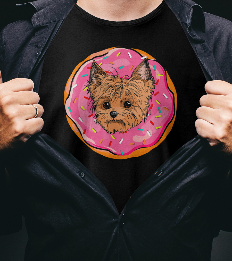 Funny Donut Dog Face Yorkie Yorkie Donut Sprinkles T-Shirt