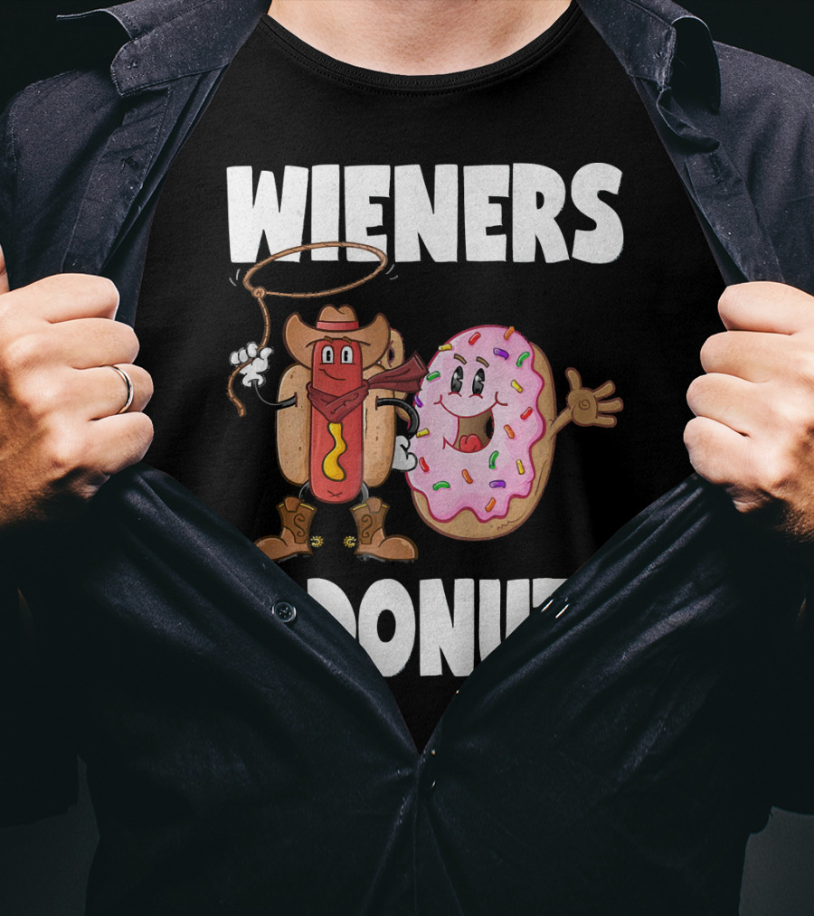 WIENERS And DONUTS Funny Vintage Hot Dog Cowboy And Happy Donut With Sprinkles T-Shirt