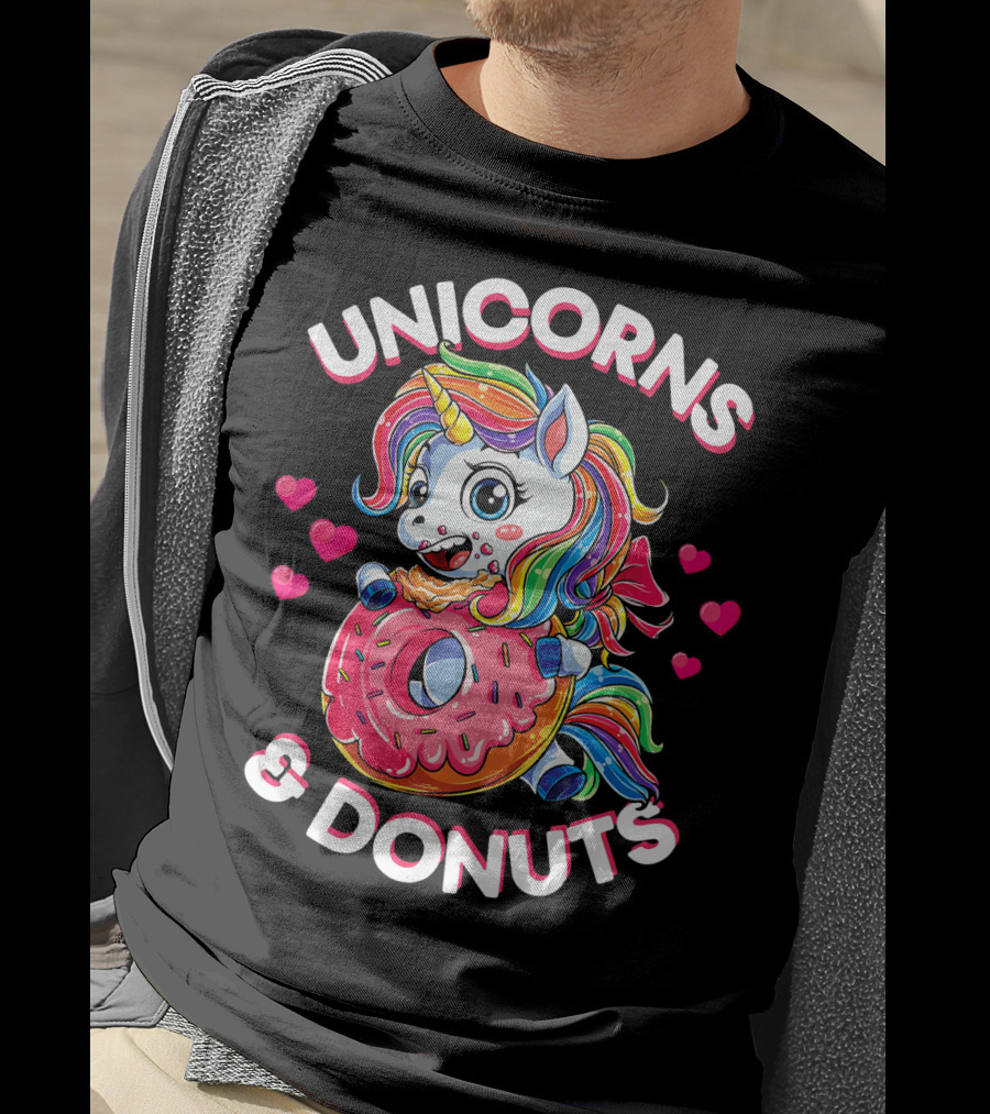 UNICORNS And DONUTS Rainbow Unicorn Eating Donut Surrounded By Hearts T-Shirt