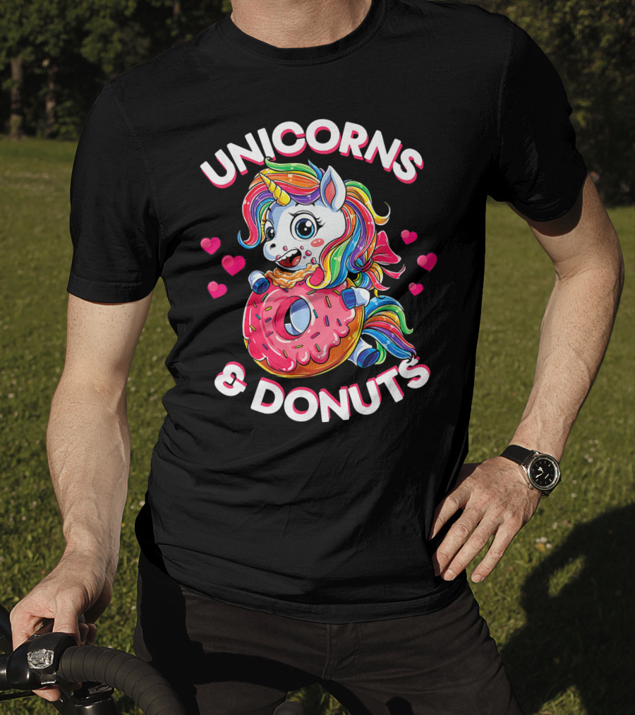 UNICORNS And DONUTS Rainbow Unicorn Eating Donut Surrounded By Hearts T-Shirt