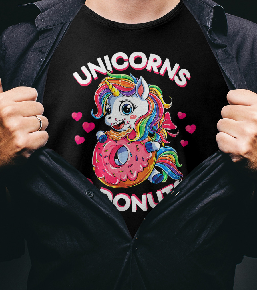 UNICORNS And DONUTS Rainbow Unicorn Eating Donut Surrounded By Hearts T-Shirt