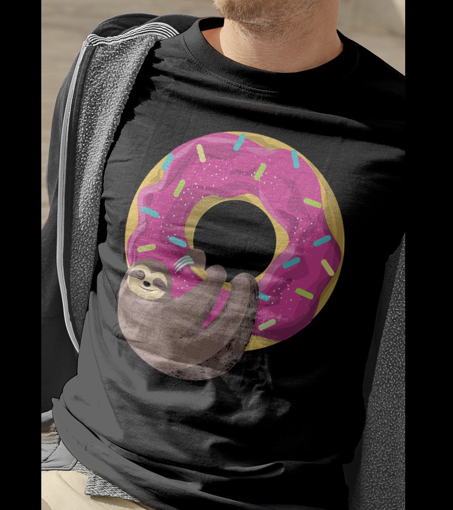 Sloth Hugging Pink Sprinkled Donut T-Shirt