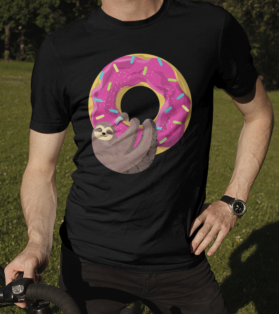 Sloth Hugging Pink Sprinkled Donut T-Shirt