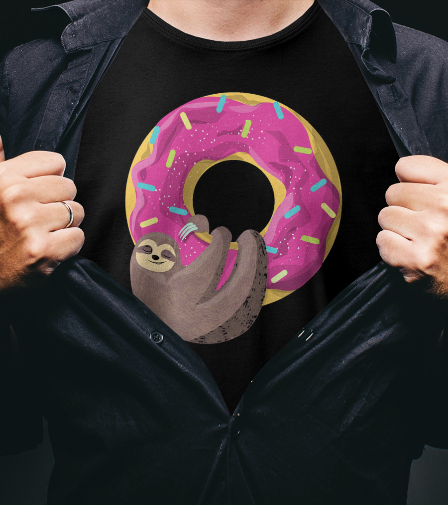 Sloth Hugging Pink Sprinkled Donut T-Shirt