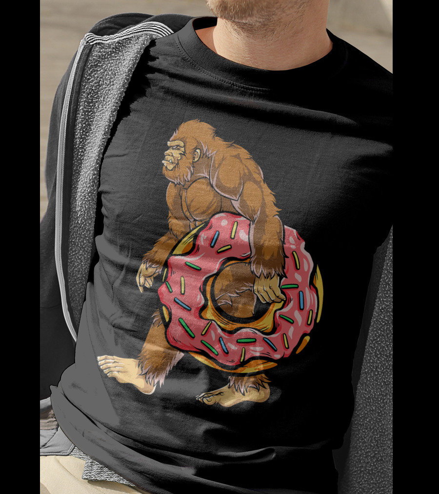 Bigfoot Sasquatch Holding Sprinkled Donut T-Shirt