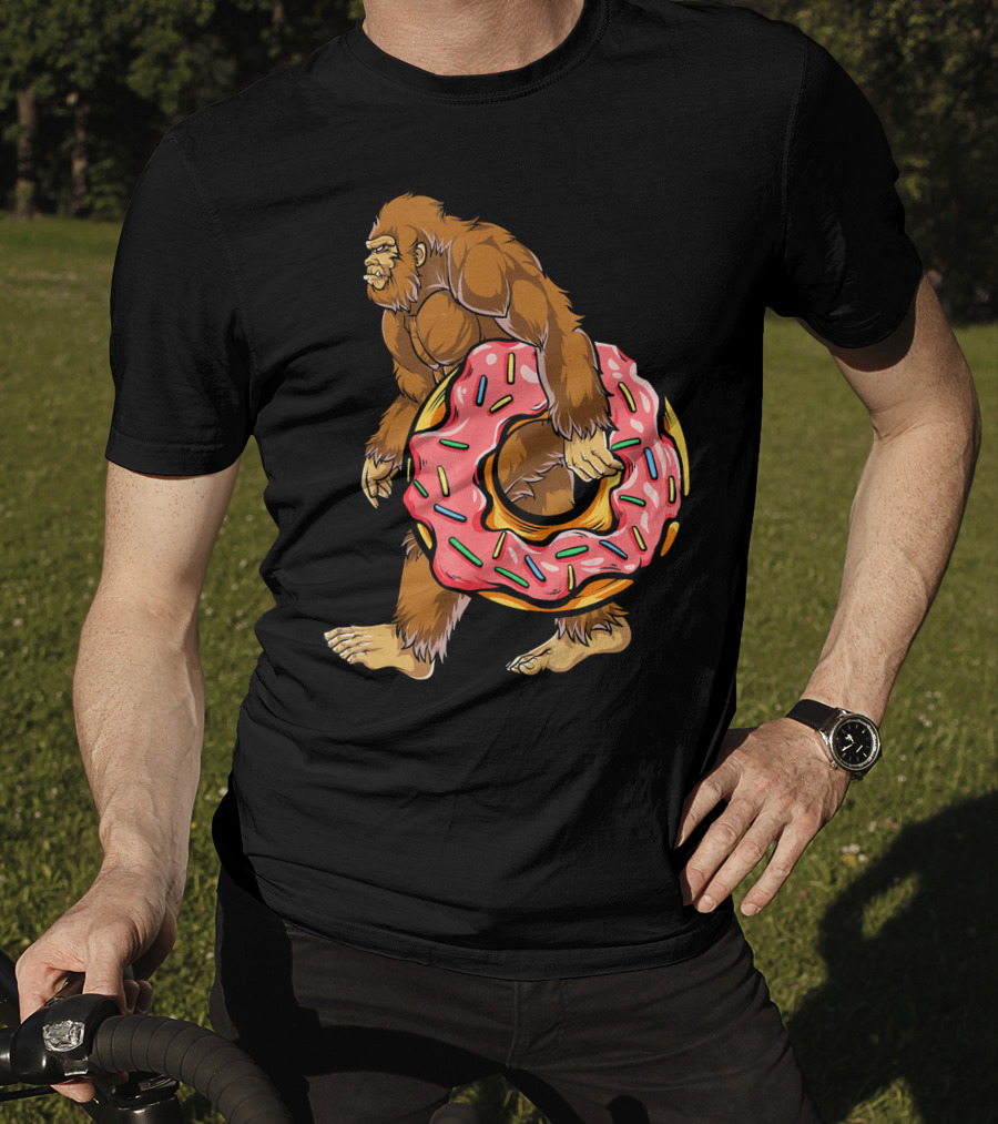Bigfoot Sasquatch Holding Sprinkled Donut T-Shirt