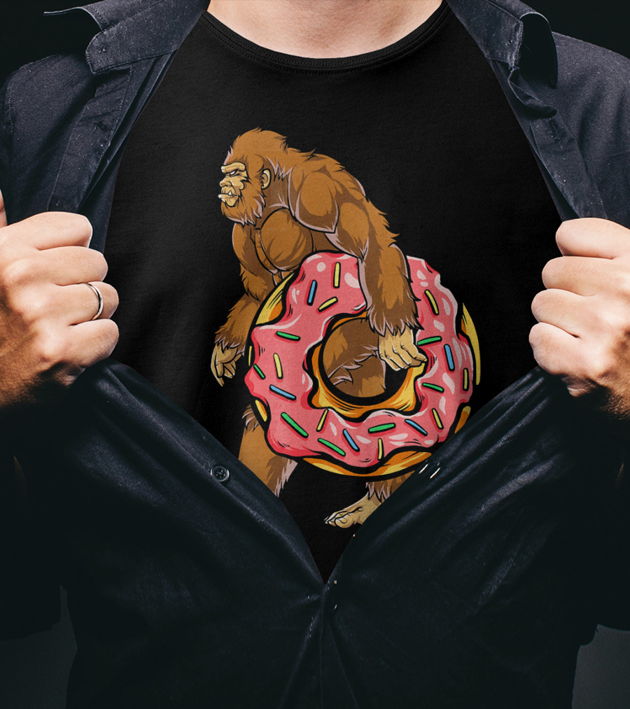 Bigfoot Sasquatch Holding Sprinkled Donut T-Shirt