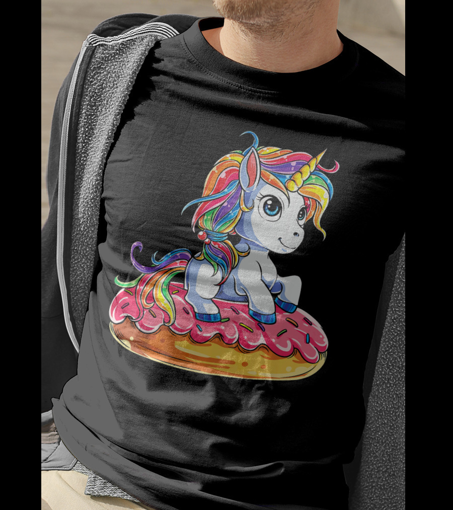 Rainbow Unicorn Sitting On Donut Girls Kids T-Shirt