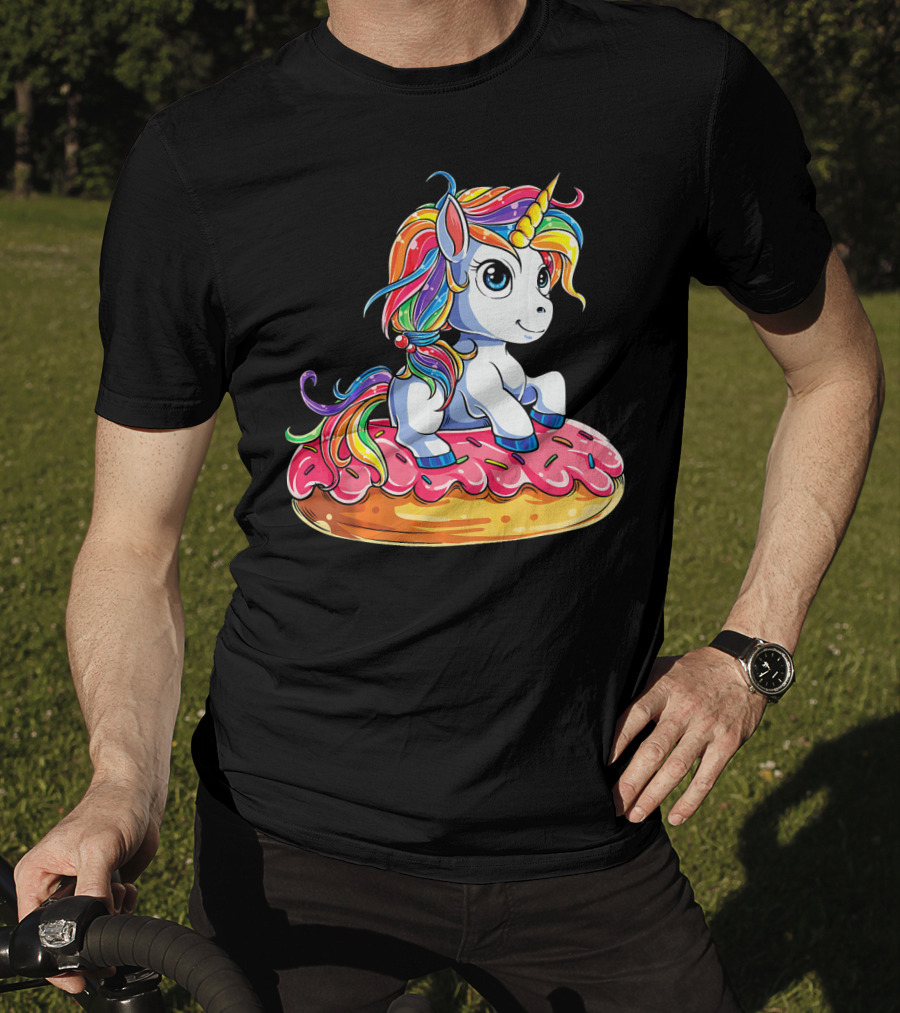 Rainbow Unicorn Sitting On Donut Girls Kids T-Shirt