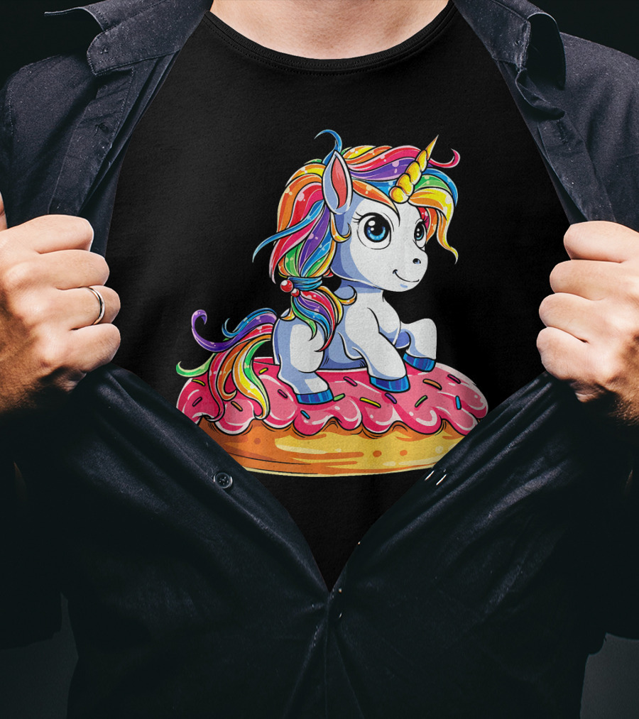 Rainbow Unicorn Sitting On Donut Girls Kids T-Shirt
