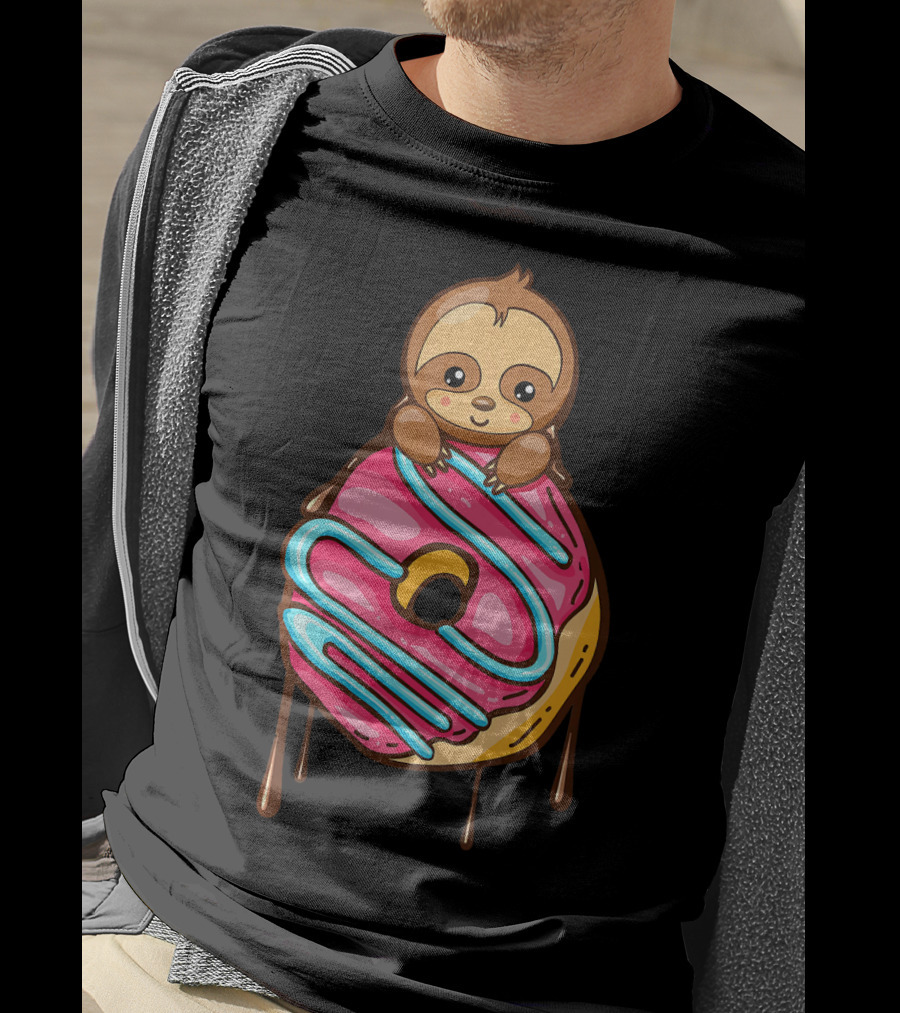 Cute Sloth And Pink Frosted Donut Lover T-Shirt