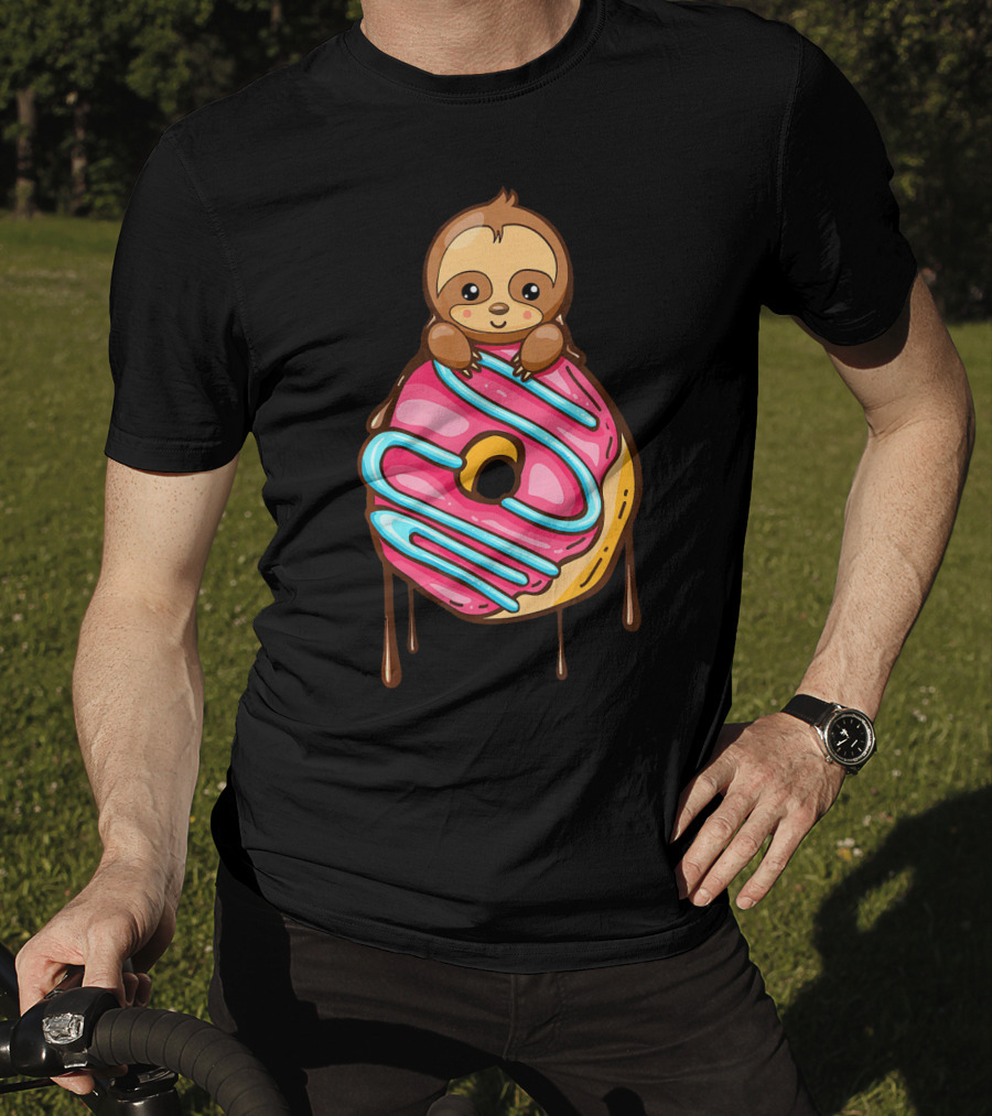 Cute Sloth And Pink Frosted Donut Lover T-Shirt