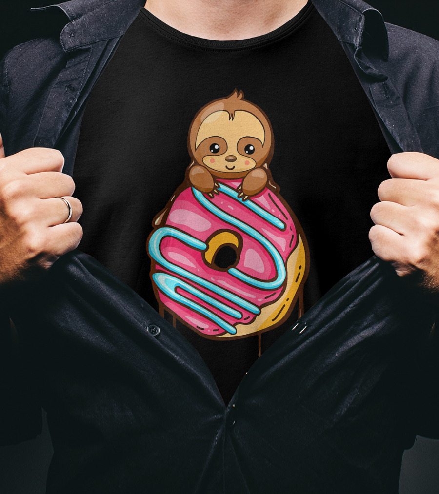 Cute Sloth And Pink Frosted Donut Lover T-Shirt