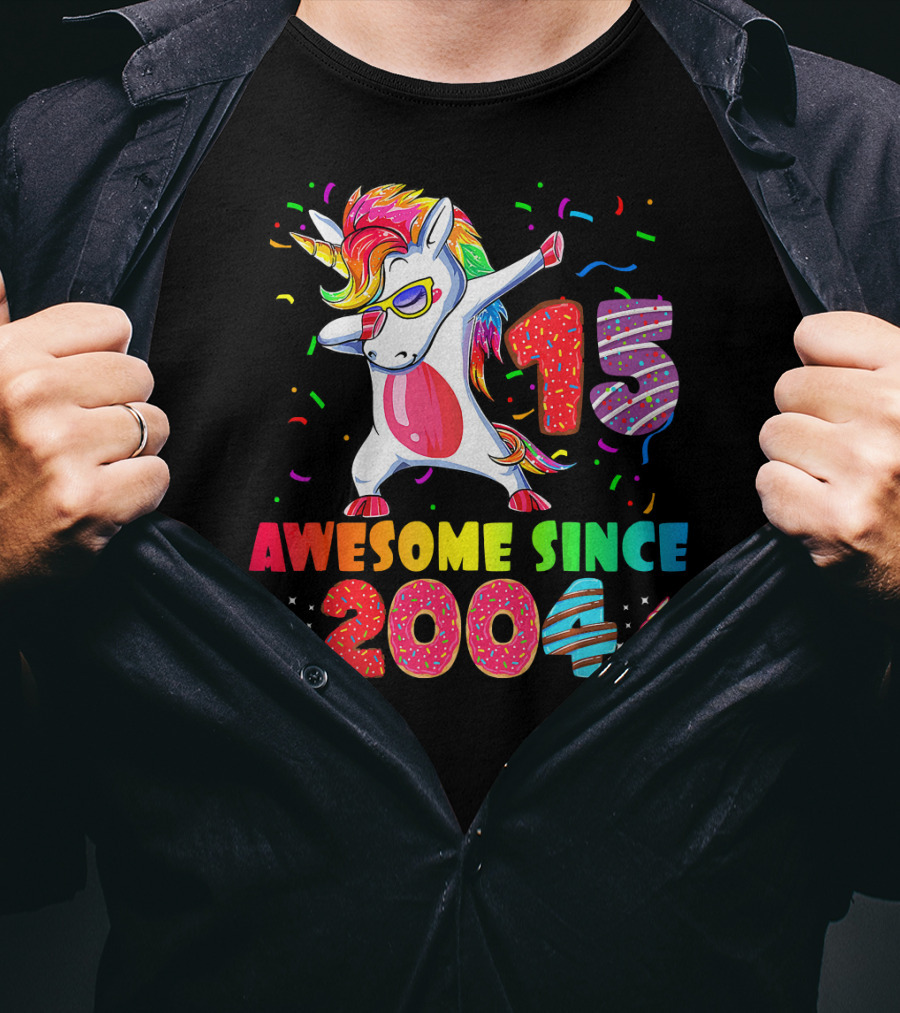 15 Awesome Dabbing Unicorn Donut Birthday 2004 T-Shirt