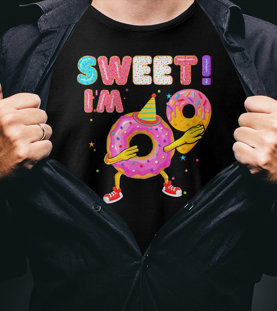 Sweet I'm 9 Years Old Birthday Donut With Sprinkles And Party Hat T-Shirt