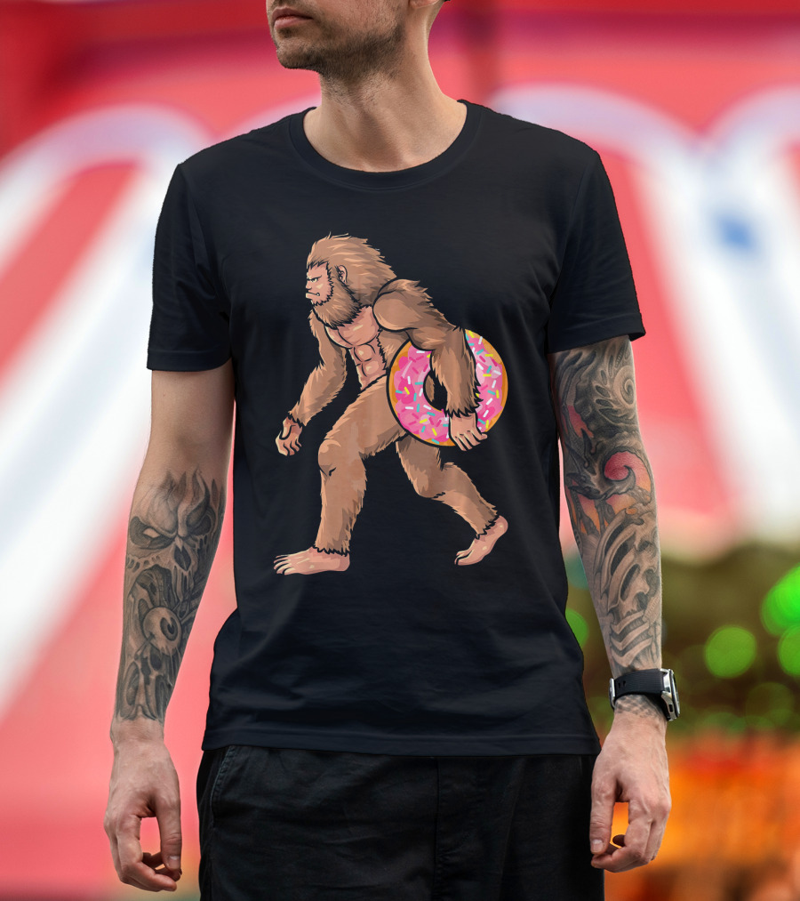 Bigfoot with Sprinkled Doughnut Walking Image T-Shirt