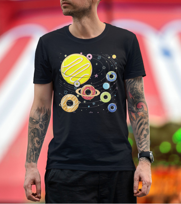 Premium T-Shirt: Galaxy Planets as Glazed Donuts Doughnuts with Stars T-Shirt Galaxy Planets as Glazed Donuts Doughnuts with Stars T-Shirt