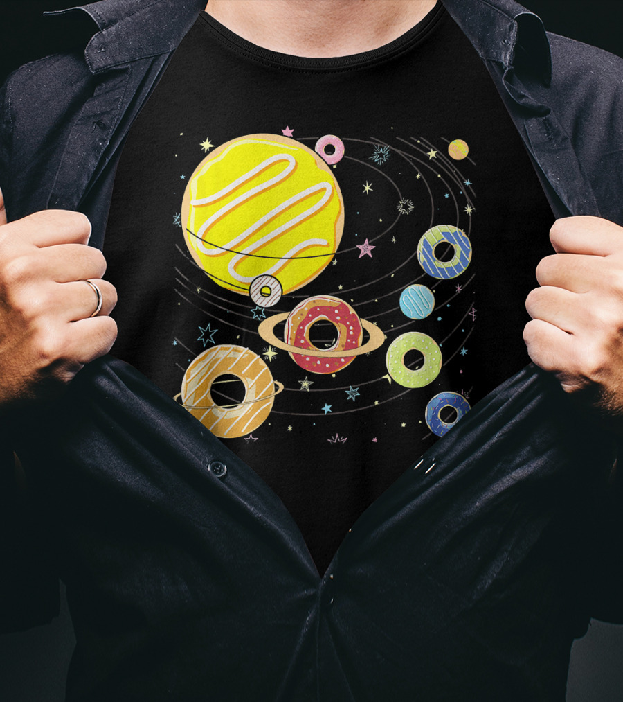 Galaxy Planets As Glazed Donuts Doughnuts With Stars T-Shirt