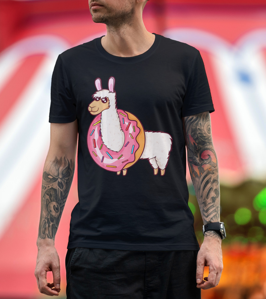 Cute Llama in a Sprinkled Donut Hole Alpaca T-Shirt